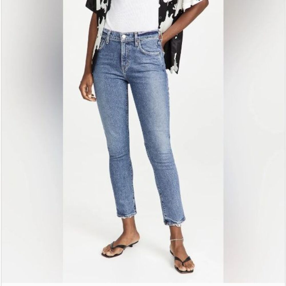 AGOLDE Toni Mid Rise Straight in Viewpoint Blue Jeans Distressed Trim Side 25